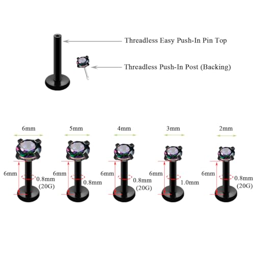 20G 18G 16G Push in Threadless Nose Stud Rings for Women Men Surgical Steel Tragus Earrings Flat Back Nose Studs CZ Cartilage Earrings 6mm 8mm Labret Studs Monroe Lip Piercing Jewelry - color: 2/ 3/ 4/ 5/ 6mm RQ CZ/ 6mm Bar/ Black/ 10Pcs, size: 20G