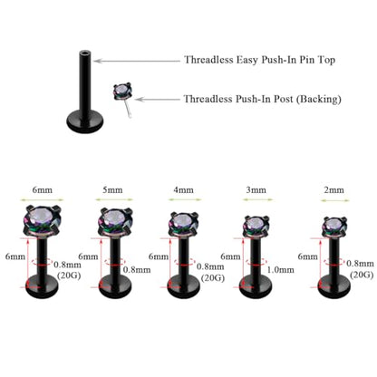 20G 18G 16G Push in Threadless Nose Stud Rings for Women Men Surgical Steel Tragus Earrings Flat Back Nose Studs CZ Cartilage Earrings 6mm 8mm Labret Studs Monroe Lip Piercing Jewelry - color: 2/ 3/ 4/ 5/ 6mm RQ CZ/ 6mm Bar/ Black/ 10Pcs, size: 20G