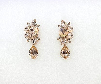 Faship Statement Dangling Floral Clip On Earrings For Women - color: Champagne / Rose Gold Plated