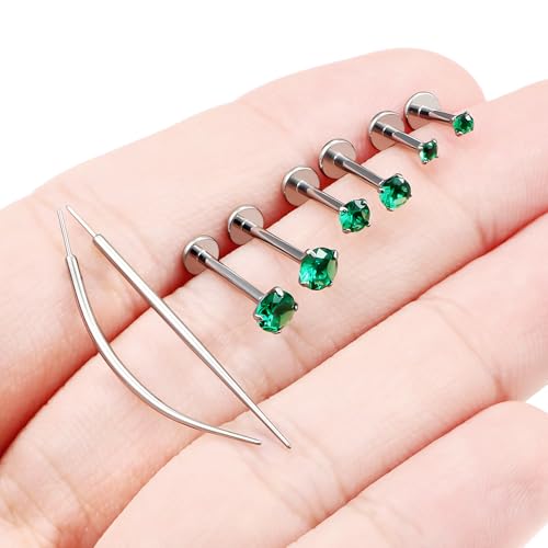 F136 Titanium 20/18/16G Earrings Nose Lip Rings Medusa Tragus Cartilage Helix Labret Flat Back Threadless Implant Grade Stud Piercing Jewelry for Women - color: Green CZ, size: 16g*6/8/10mm*2/3/4mm