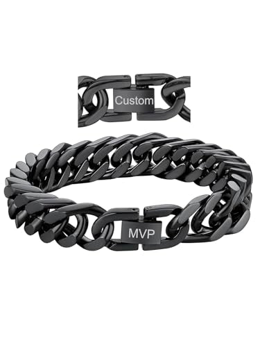 ChainsHouse Stainless Steel Cuban Link Bracelet, 6mm/8mm/12mm/17mm Width, 7.5"/8.3"/9", Black/ 18K Gold Plated Chain Wrist Bracelets for Men Women, Send Gift Box - color: T: Black-12mm width-custom