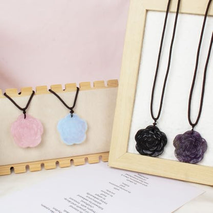 Crystal Flower Pendant Necklace for Women, Hand Carved Sculpted Flower Bloom Charm, Healing Stone Jewelry Gift for Her Mom Girlfriend - color: White