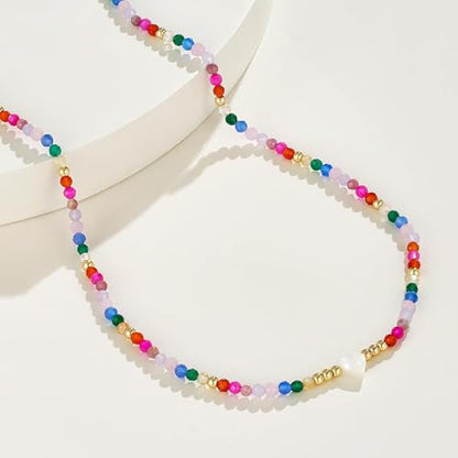 KissYan Beaded Choker Necklace for Women, Colorful Natural Gemstones Pearl Choker 14K Gold Plated Pendant Healing Crystal Necklace Handmade Stone Jewelry Gift | 14K Gold Plated Pendant Necklaces, Natural Gemstones Pearl Choker, Healing Crystal Chain, Hand