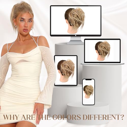HMD Tousled Updo Messy Bun Hair Piece Ponytail Hairpieces for Women | Synthetic Hair Extension Ponytail with Elastic Rubber Band, Updo Hairpiece Hair Bun Scrunchies for Women Daily Party - color: 12H24(Light Brown Mix Natural Blonde)
