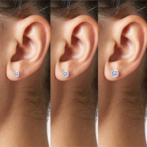 3 Pairs Color Zirconia Earrings Studs, Sterling Silver Studs Earrings Set 3MM 4MM 5MM - color: Colorless