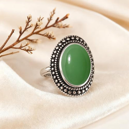 Retro Sterling Silver Stone Ring,Antique Natural Real Oval Crystal Quartz Gemstone Boho Bohemian Ring Jewelry for Women - color: A21_Dongling Jade