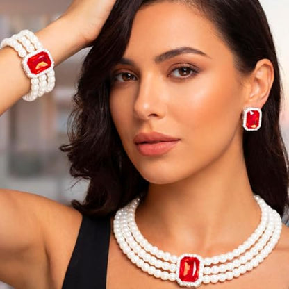 Brishow Pearl Necklace Jewelry Set Wedding Pearls Earrings Necklaces Set Bridal Crystal Bracelet Jewelry for Women (Pack of 3) - color: Red, size: 3 Layered