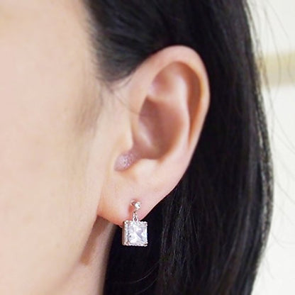 Drop Cubic Zirconia Invisible Clip On Earrings for Women Not Pierced Gold Teardrop Sqaure CZ Crystal Dangle Gold Silver Comfortable Clip On Earrings Bridal Wedding Prom - color: Square 1 Silver
