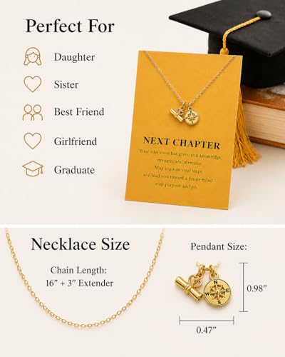 Zealmer Dainty 18K Gold Plated Compass World Map Pendant Necklace Graduation Gift for Friends - color: Diploma