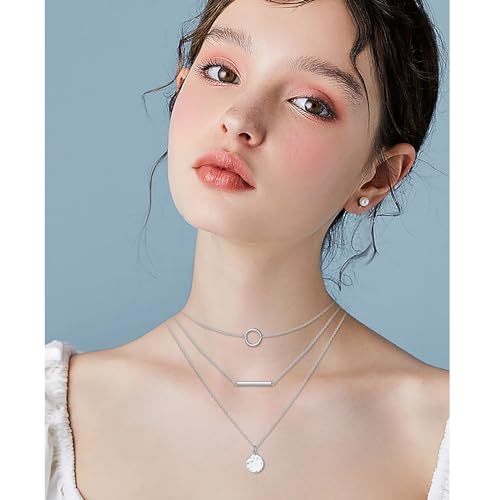 925 Sterling Silver Multilayer Layered Triple Long Chain Necklace for Women - style: Multilayer Hammered