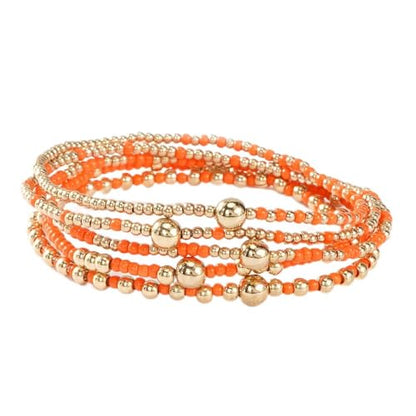 Gold Small Ball Seed Bead Stackable Bracelets Set For Women, Stretch Accessories Handmade Dainty, Daily Party Friendship Gift - color: Orange
