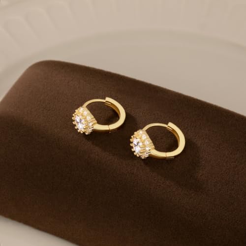 Reffeer Solid 925 Sterling Silver Halo Hoop Earrings for Women Teens Simulated Diamond Huggie Earrings Sparkly Cubic Zirconia Earrings Hoop - color: B-18K Gold Plated