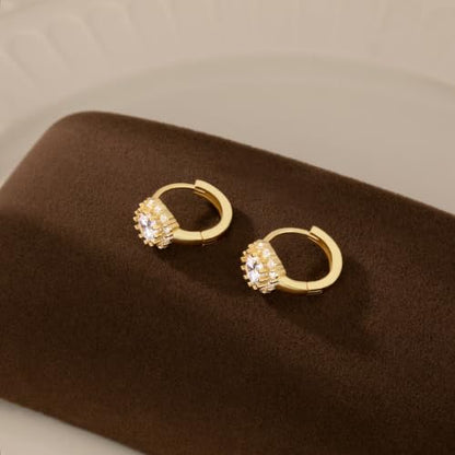 Reffeer Solid 925 Sterling Silver Halo Hoop Earrings for Women Teens Simulated Diamond Huggie Earrings Sparkly Cubic Zirconia Earrings Hoop - color: B-18K Gold Plated