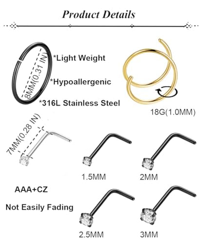 21PCS 18G 20G 22G 316L Stainless Steel Nose Rings Hoop for Women Men Double Nose Ring CZ Nose Stud Piercing Jewelry - color: 18G-Sliver+Gold+Black