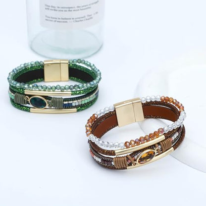 NEWITIN 2 Pieces Leather Wrap Bracelets for Women Leather Cuff Bangle Bracelets Boho Multi-Layer Bracelet Crystal Beads Bracelet for Women - color: Brown Green
