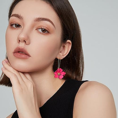 Bohemian Daisy Flower Matte Floral Long Petal Drop Dangle Earrings Layered Tiered for Women Chic Boho Wedding Jewelry - color: Light Red