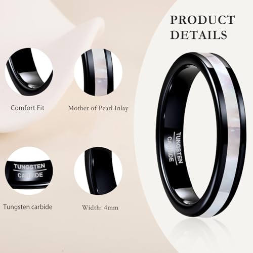 Vakki 4mm 6mm Womens Rose Gold Tungsten Carbide Ring with Mother of Pearl Shell/Marble Inlaid Wedding Band Comfort Fit Size 5-12 - color: E-4mm-Mother of Pearl & Black