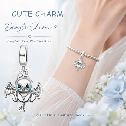 S925 Sterling Silver Cute Bead Charm for Pandora Bracelets and Necklaces | Lucky Clover Cute Animal Pink Bow Cherry Butterfly Pendant Bead Charms Jewelry Making Gifts for Women Valentines Mother's Day - style: Winged Dragon Charm