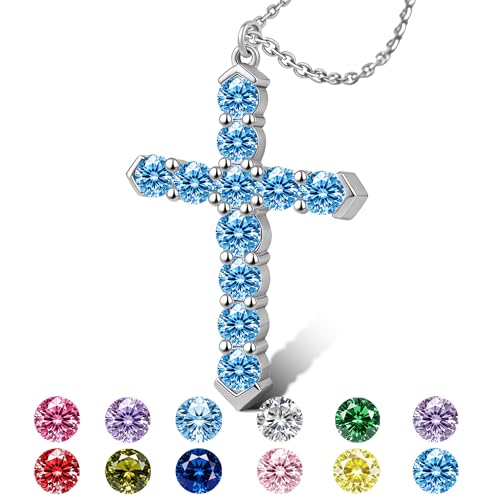 Cross Necklace for Women, Silver Cross Pendant Necklaces | 14K Gold Plated, Dainty CZ Cross Necklace, Non Tarnish and Hypoallergenic Jewelry for Women, Christian Religious Faith Gifts - color: 10-Silver-Blue