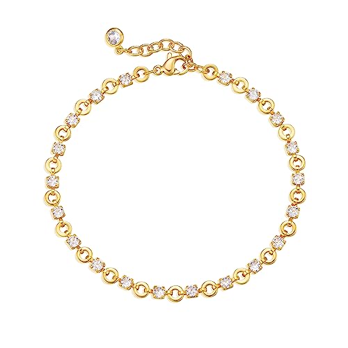 Gold Chain Bracelet for Women, 14K Gold Plated | Dainty Bracelets with Adjustable Chain, Trendy Jewelry Gift for Women - style: white round cz