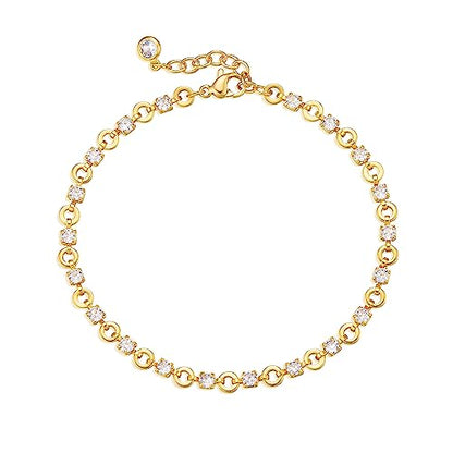 Gold Chain Bracelet for Women, 14K Gold Plated | Dainty Bracelets with Adjustable Chain, Trendy Jewelry Gift for Women - style: white round cz