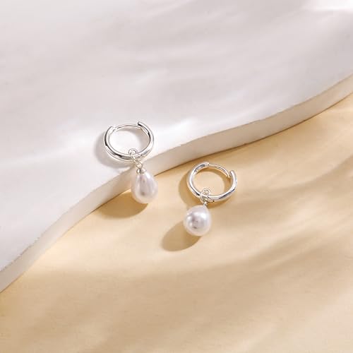 Robaice Pearl Earrings for Women, 14K Gold Plated Dangle Drop Earrings | Small Pearl Drop Huggie Hoop Earrings, Hypoallergenic Dainty Gold Earrings, Wedding Jewelry Gifts for Women Trendy - style: silver drop pearl earrings