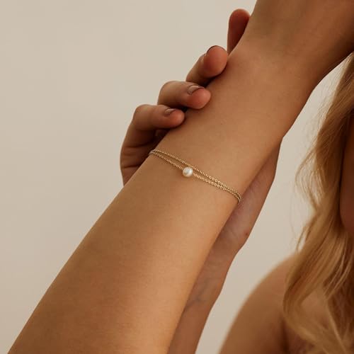 SLOONG 14K Gold Plated Pearl Bracelets for Women Trendy | Dainty Stackable Layered Chain Bridesmaid Bracelets, Waterproof Wedding Jewelry for Women Adjustable 6"+2" - color: Style1(Pearl)