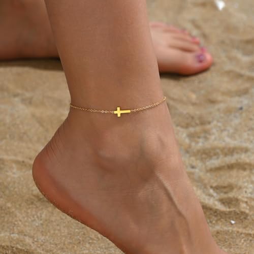 Ankle Bracelets for Women, 18K Gold Plated Dainty Waterproof Cross Anklets, Pearl Beaded Link Chain Anklet for Women Non Tarnish, Summer Beach Foot Jewelry, Christmas Gifts - color: Tiny Cross-Gold