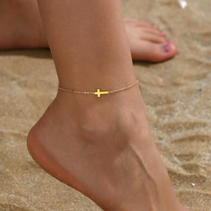 Ankle Bracelets for Women, 18K Gold Plated Dainty Waterproof Cross Anklets, Pearl Beaded Link Chain Anklet for Women Non Tarnish, Summer Beach Foot Jewelry, Christmas Gifts - color: Tiny Cross-Gold