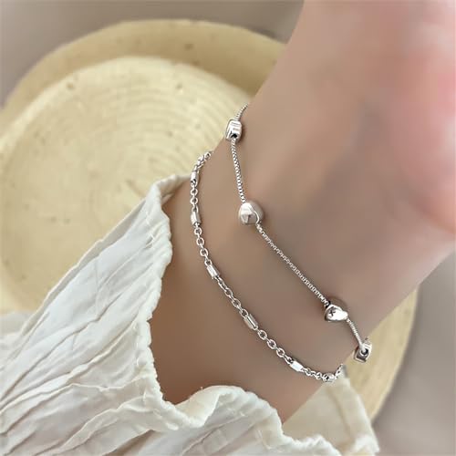 14K White Gold Plated Link Bracelet for Women Heart Star Round Beaded Charms Dainty Chain Simple Jewelry Gifts - color: heart link