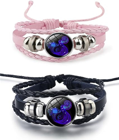 2Pcs Twelve Zodiac Leather Bracelet - Adjustable Zodiac Jewelry Accessory - color: Aquarius