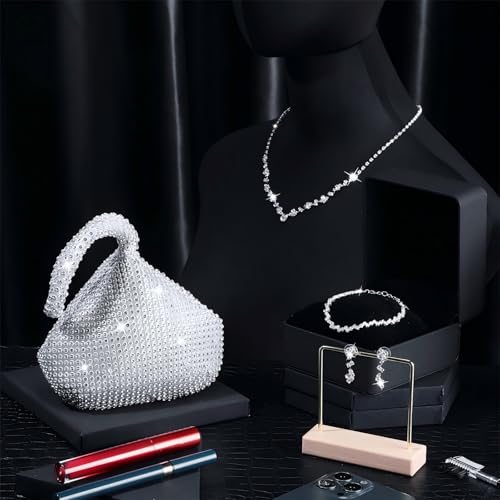 4 Pcs Silver Clutch Purse Jewelry Set for Women Rave Accessories Evening Rhinestone Purse Silver for Bride Wedding - style: Cute Style