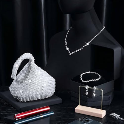 4 Pcs Silver Clutch Purse Jewelry Set for Women Rave Accessories Evening Rhinestone Purse Silver for Bride Wedding - style: Cute Style