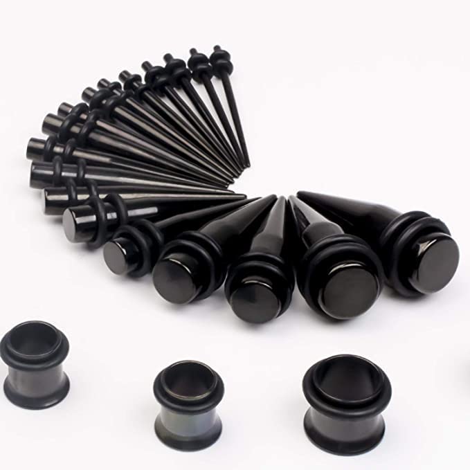 36pcs Ear Stretching Kit 14G-00G Surgical Steel Tapers Tunnels Gauges Set for Starter Women and Men Expanders Body Piercing Jewelry - color: Black