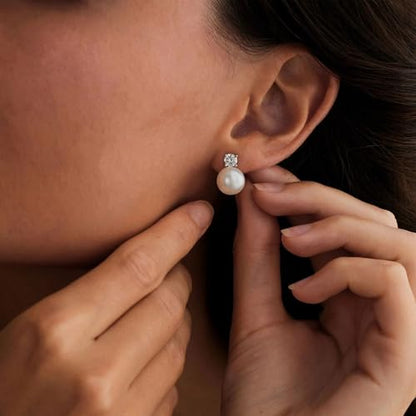 WFYOU Pearl Earrings for Women 925 Sterling Silver Stud Earring | 14K Gold Plated Hypoallergenic Stud Earrings, White Diamond Dainty Bridal Earring, Trendy Jewelry, Wedding Party Gifts - color: Silver B, size: 10mm