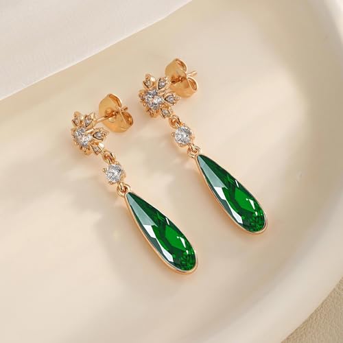 Austrian Crystal Teardrop Earrings Flower Dangle Earrings for Women 14K Gold Plated Drop Stud Earrings Hypoallergenic Jewelry - color: Emerald