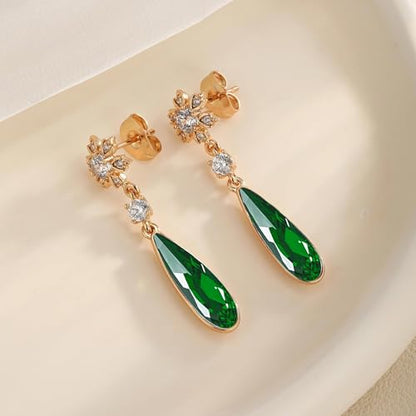 Austrian Crystal Teardrop Earrings Flower Dangle Earrings for Women 14K Gold Plated Drop Stud Earrings Hypoallergenic Jewelry - color: Emerald