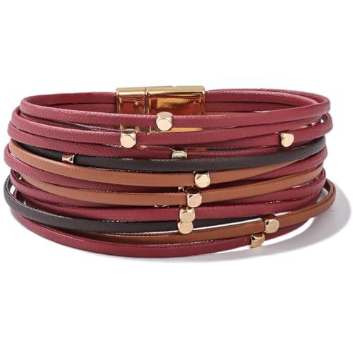 Stackable Beaded Leather Wrap Bracelet Boho Western Country Beach Jewelry | Layered Bead Stack Multi Strand Magnetic Clasp Cuff Bangle Bohemian Hippie Cowgirl Fashion Summer Vacation Outfits for Women - color: Burgundy