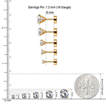 JewelrieShop Cartilage Tragus Earring Stainless Steel Stud Piercing Earring Flat Back Earrings Stud Flatback Screw Back Earrings for Women Men (16G, 6mm Bar Length, 3mm-7mm CZ, 5 Pairs) - color: 03. Gold with Clear White CZ
