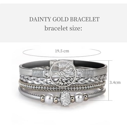hotoo Leather Wrap Bracelets for Women Tree of Life Cuff Bracelets Pearl Rhinestone Bead Multi-Layer Bracelets Bohemian Jewelry Gift for Women - color: Silver