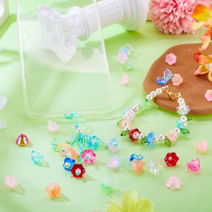 100Pcs Sparkle Glass Flower Beads Caps for Jewelry Making Cute Bell Flower Glass Beads Bulk Crystal Fishing Bead for Wind Chimes Handmade Earring Crafts Supplies - color: Colorful