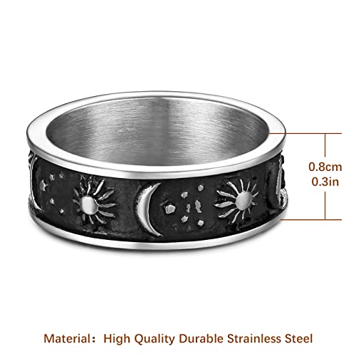 HZMAN 8mm Moon Star Sun Statement Ring Stainless Steel Boho Jewelry for Women Men - color: Silver