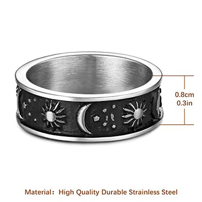 HZMAN 8mm Moon Star Sun Statement Ring Stainless Steel Boho Jewelry for Women Men - color: Silver