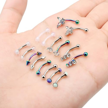 16g 8mm Silver/Black/Rainbow Eyebrow Piercing Jewelry Rings Curved Barbell Vertical Labret Lip Surgical Steel Small Belly Button Snake Eyes Tongue Rook Earrings for Women Men - color: Rainbow / Purple