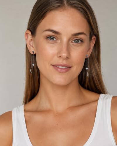 Moon and Star Dangle Earrings | Chain Tassel with Cubic Zirconia Drop Front and Back Earrings Celestial Jewelry for Wedding Gift - color: Black