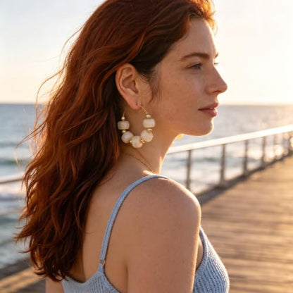 Colorful Beaded Earrings for Women Beaded Hoop Earrings | Chunky Acrylic Resin Boho Statement Drop Earrings Trendy Summer Beach Jewelry Accessories Gifts - color: White