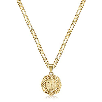 KissYan Initial Necklaces for Women, 14K Gold Plated Round Letter Pendant Capital Monogram Necklace Alphabets from A-Z Figaro Chain Jewelry - color: Gold, style: T