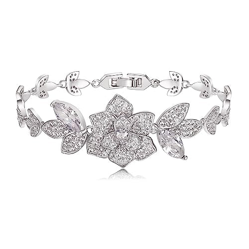 Crysdue Marquise Teardrop Cubic Zirconia Wedding Bridal & Prom Tennis Bracelets for Brides Bridesmaids, Silver/Gold/Rose Gold Plated Bracelet Gifts for Women - style: P-Flower-Clear CZ 7"