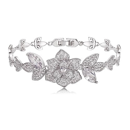 Crysdue Marquise Teardrop Cubic Zirconia Wedding Bridal & Prom Tennis Bracelets for Brides Bridesmaids, Silver/Gold/Rose Gold Plated Bracelet Gifts for Women - style: P-Flower-Clear CZ 7"