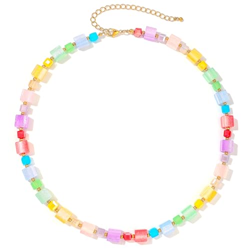 Chunky Beaded Necklaces for Women Trendy Colorful Acrylic Bead Statement Necklace Puffy Heart Pendent Necklaces for Women Boho Fashion Jewelry - color: H-colorful square beads